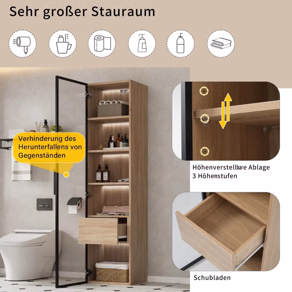 Armadio da bagno REDOM in MDF con anta in vetro temperato e cassetto, beige e marrone – 2