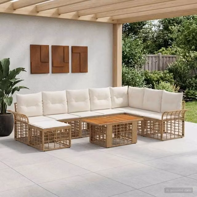 Set Divano da Giardino 9 pz Naturale e Bianco Crema polyrattan 3438008