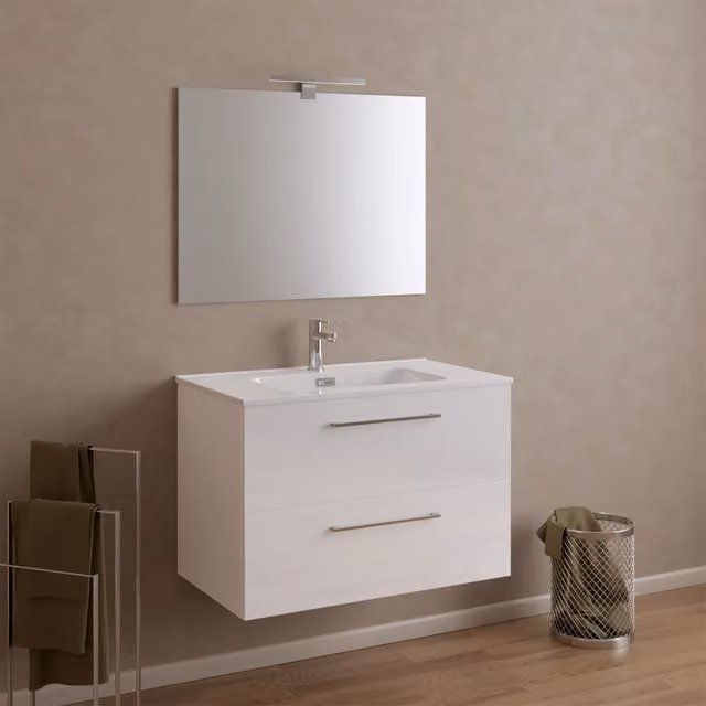 Mobile da bagno sospeso 100cm bianco lucido con lavabo e specchio | Hana