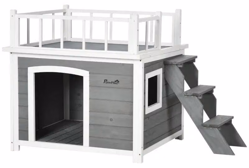Cuccia per cani con terrazza sul tetto e scala | Colore: naturale e beige | Dimensioni: 70x65x66 cm