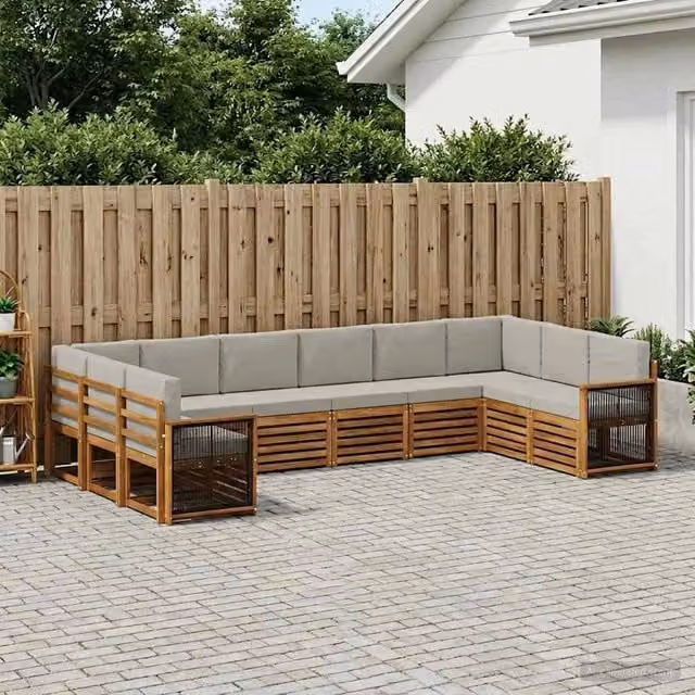 Set di divani da esterno a L vidaXL in legno di acacia con cuscini beige e grigi