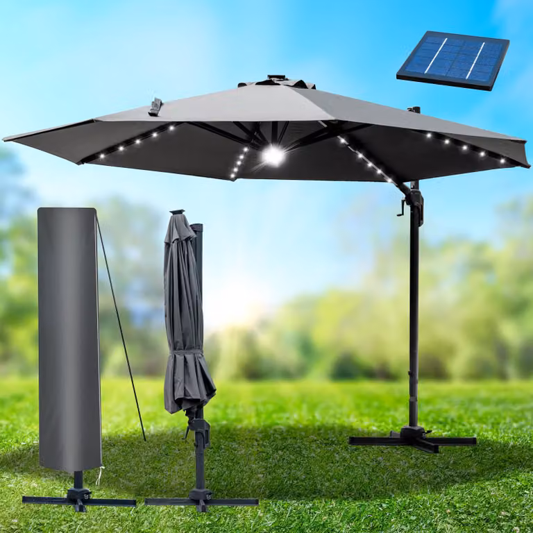 Ombrellone a semisferica in alluminio da 300 cm, grigio, con illuminazione a LED