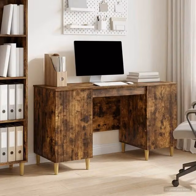 Scrivania moderna vidaXL in legno MDF laminato color rovere, L: 142,5 cm, P: 50 cm, H: 75 cm – 1