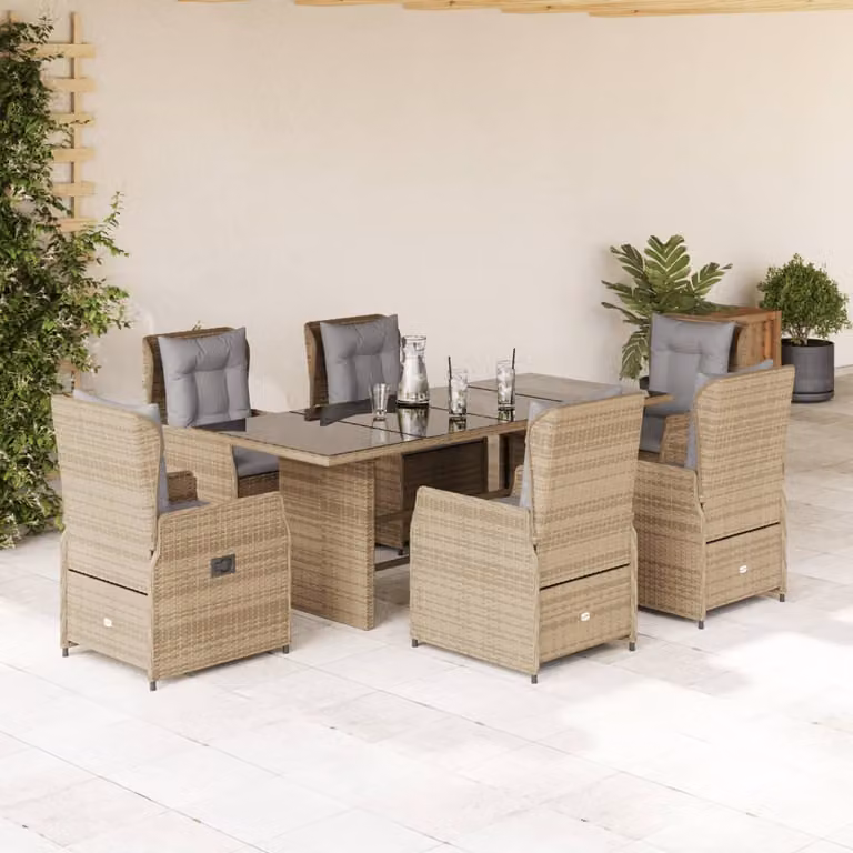 Set da pranzo da giardino vidaXL in polyrattan con cuscini beige e grigi e tavolo in vetro per 7 persone