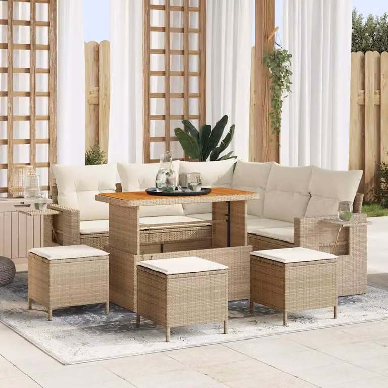 Set Divano da Giardino vidaXL 10 Pezzi a Forma di L con Tavolino e Cuscini Beige e Bianco