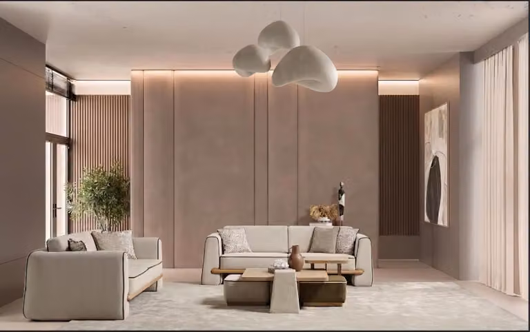 Divano a 3 posti, tavolino, poggiapiedi, design moderno, colore beige, elegante, lussuoso, set completo