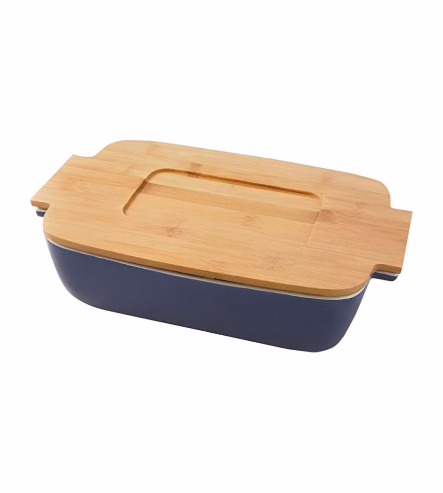 Terrina in Ceramica Blu con Coperchio in Bamboo 32x20x9 cm