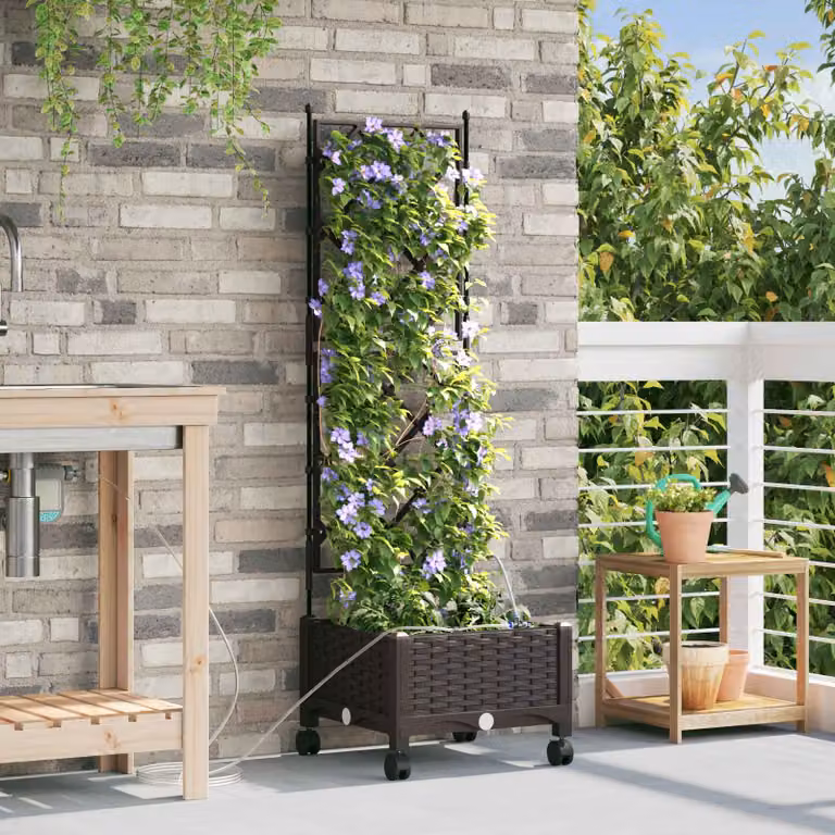 vidaXL Vaso da Giardino con Irrigazione e Ruote Marrone in Plastica