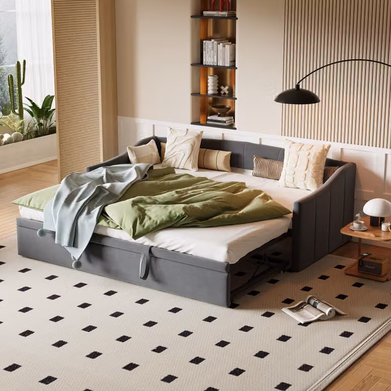 Fortuna Lai day bed 90/180x200 cm, letto estraibile con rete a doghe, braccioli e velluto, grigio