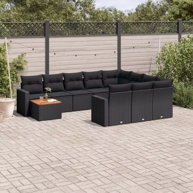 Set di divani da giardino VIDAXL in polyrattan nero con cuscini, 11 pezzi – 1