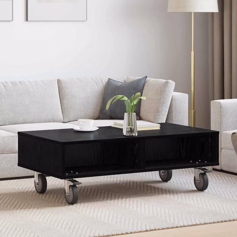 vidaXL Tavolino rettangolare con ruote in rovere e nero L 90 cm, P 50 cm, H 30 cm