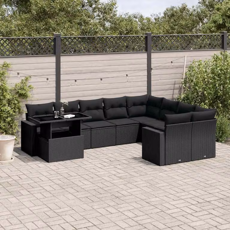 vidaXL Set Divani da Giardino a L in Polyrattan Nero con Cuscini e Tavolino da Esterno