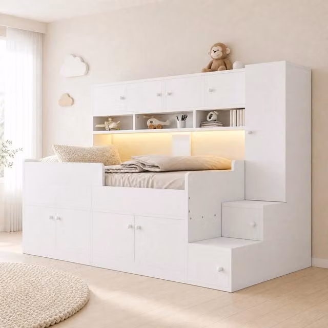 Letto a soppalco 90 × 200 cm con scala contenitore armadio LED e barriera in legno bianco