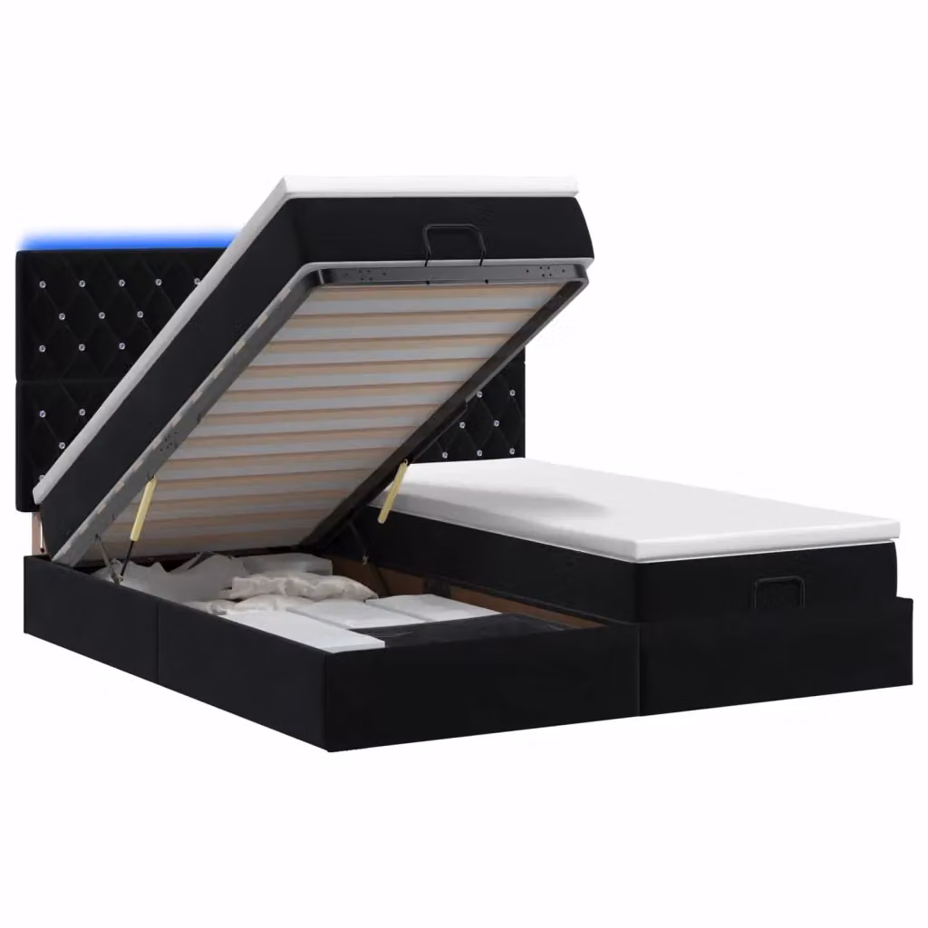 Letto Ottomano vidaXL in Velluto Nero con Materasso Ibrido, Illuminazione LED Sotto il Letto e Porte di Ricarica USB, L/P/H: 200 x 200 x 88 cm – 2