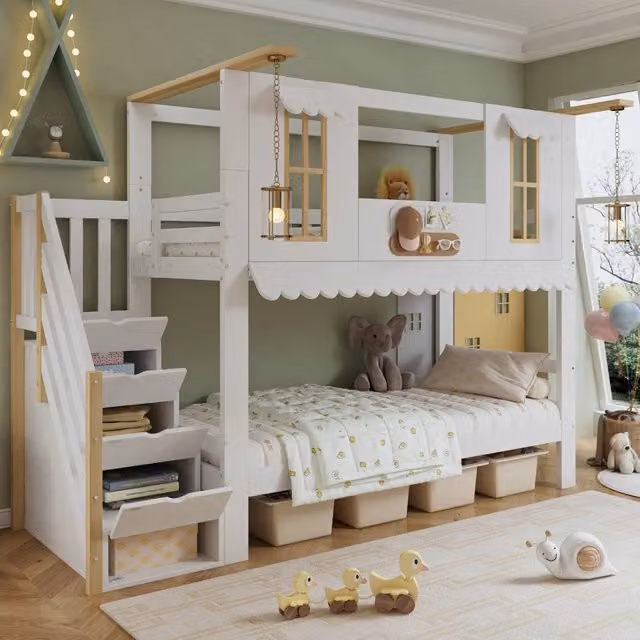 Letto a castello per bambini 90 × 200 cm, scala contenitore e decorazioni sospese, senza materasso, bianco naturale