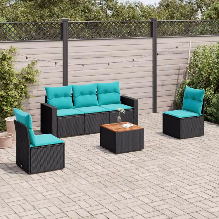 Set di divani da giardino vidaXL in 6 pezzi con cuscini neri e blu in polyrattan e legno di acacia oliato