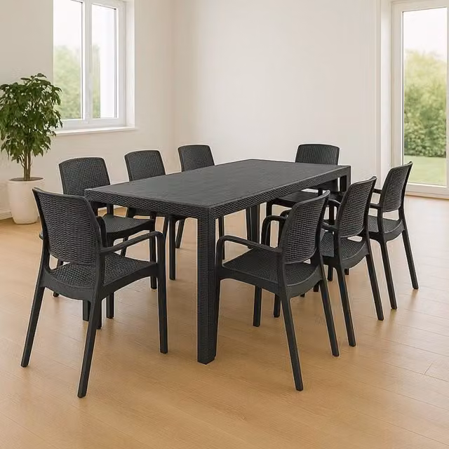 Set tavolo e sedie DMORA moderno, tavolo rettangolare allungabile con 8 sedie, colore antracite – 1
