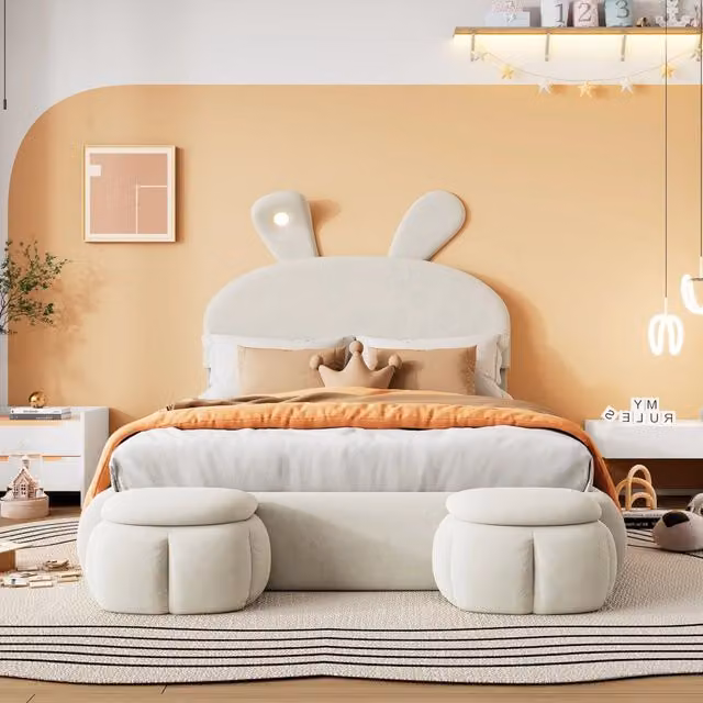 Letto matrimoniale 140x200 in velluto beige, letto contenitore idraulico con design a orecchie da coniglio e LED
