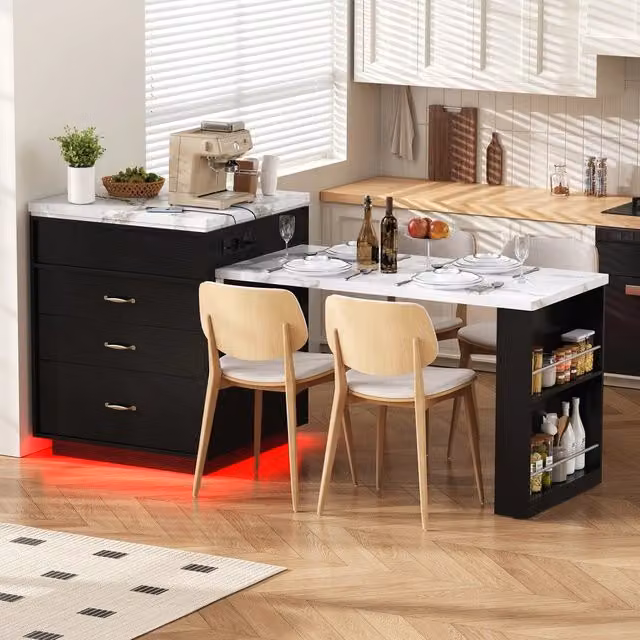 Tavolo da Cucina Allungabile ¨C Minimal ¨C Nero con Ruote, LED e Prese di Corrente
