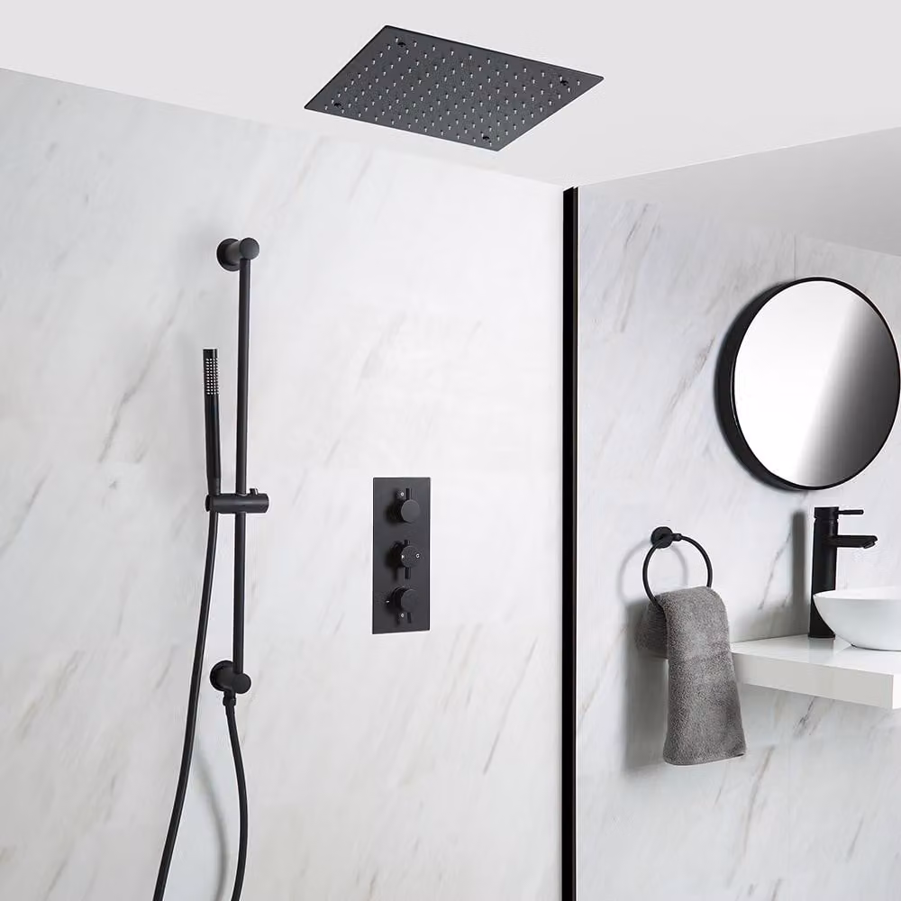 Sistema Doccia Termostatico Nero con Soffione Quadrato Incassato da 400mm, Asta Saliscendi e Doccetta (2 Vie) - Nox