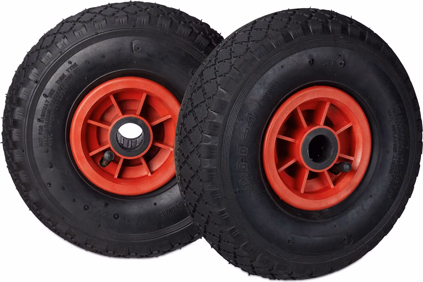 8 ruote per carrello a mano, 3.00-4, pneumatiche, ruota di scorta con cerchione in plastica, 260x85 mm, Ø asse 25 mm, ruota completa, nero-rosso