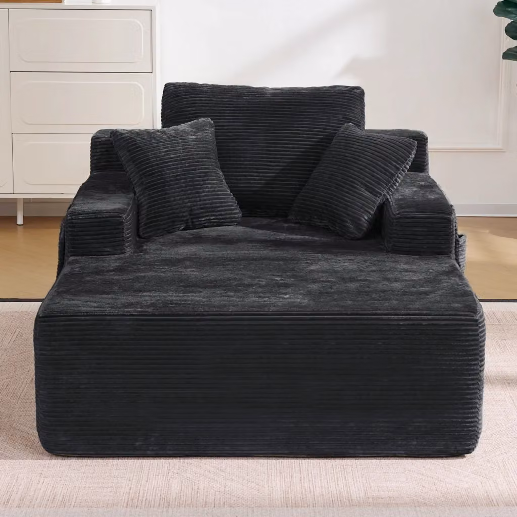 Divano OKWISH in velluto a coste nero con design retrò e cuscini inclusi – 2