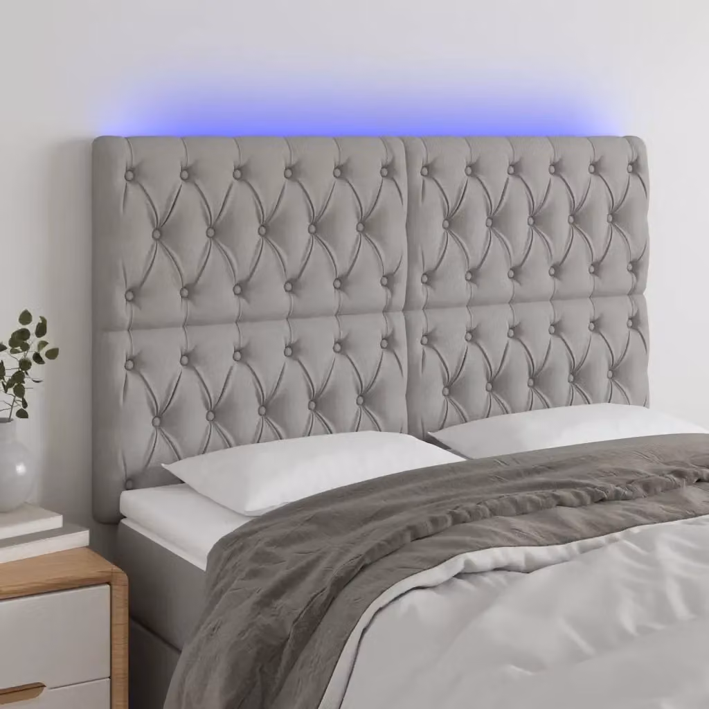 Testiera con LED e porta USB in tessuto grigio chiaro, L: 144 cm, P: 7 cm, H: 118/128 cm – 2