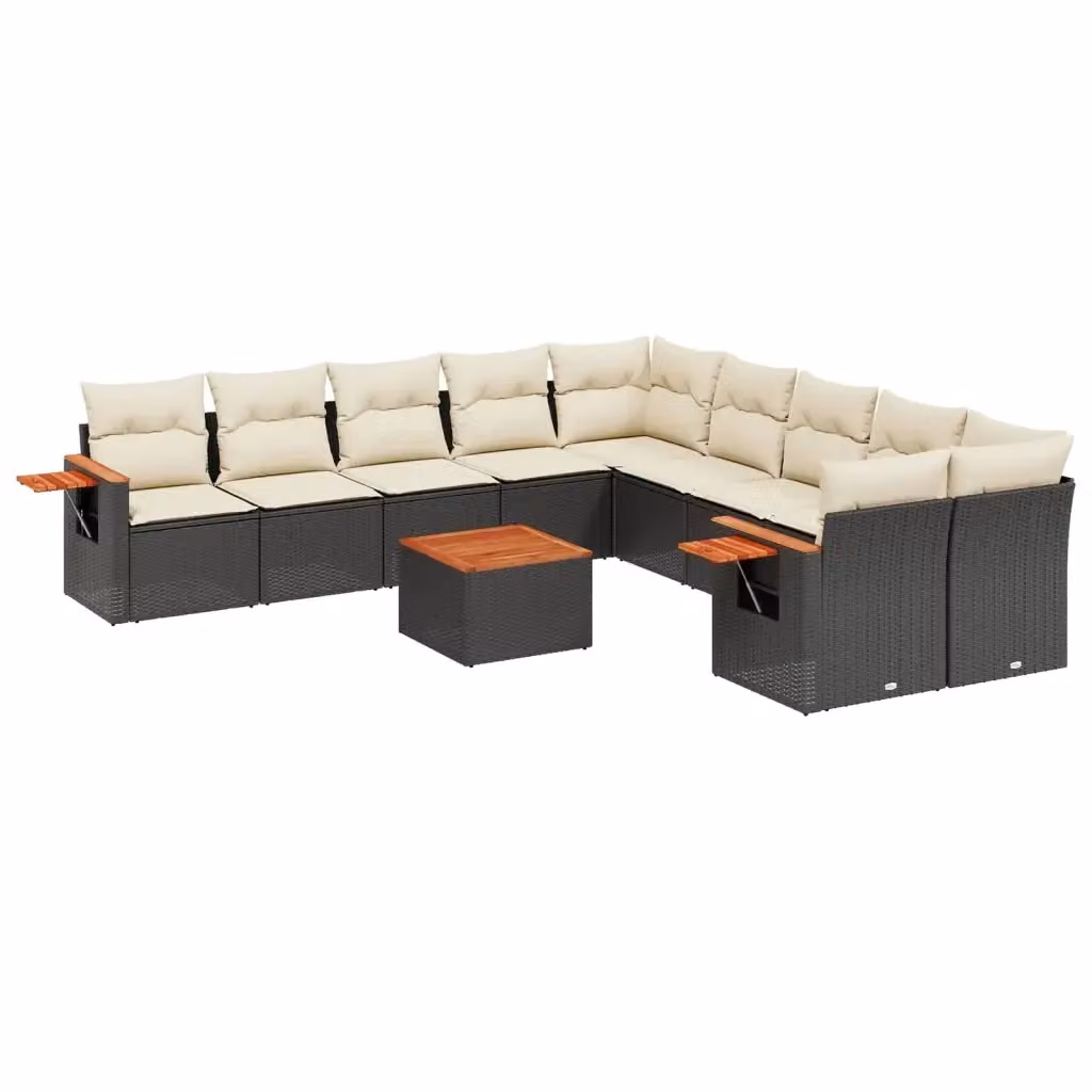 Set di divani da giardino a forma di U vidaXL composto da 11 pezzi in polyrattan nero con cuscini bianchi e imbottitura mista – 2
