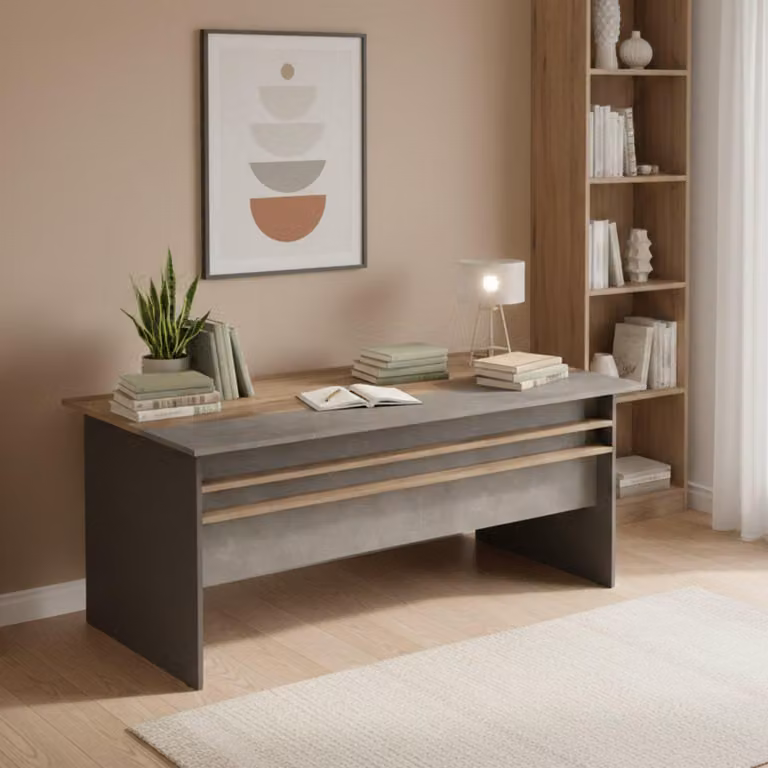 Dmora Scrivania Cecima 89.5x180x75h cm Marrone, Materiale Piano in Legno Nobilitato Colore Struttura Grigio