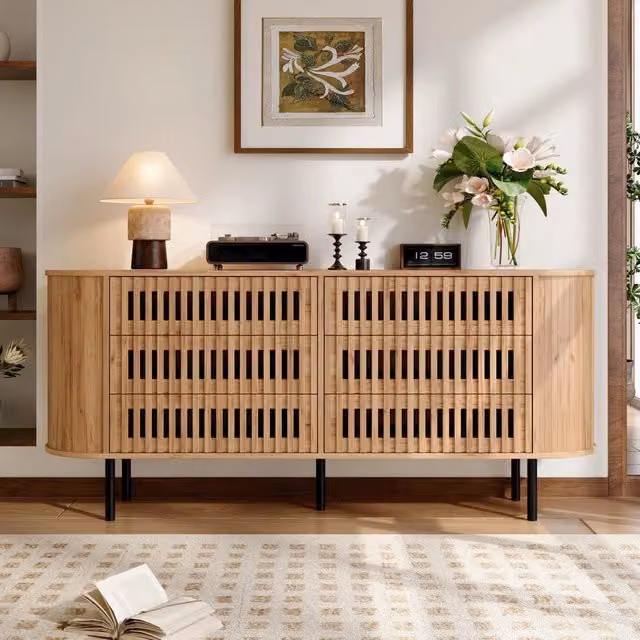 Credenza 160x40x70 cm con 6 Cassetti in MDF Colore Legno Naturale e Gambe in Metallo