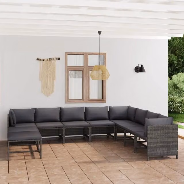 Set di Divani da Giardino a L con Cuscini vidaXL, 11 Pezzi in Polyrattan Grigio Antracite con Struttura in Acciaio