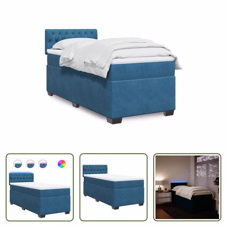 The Living Store Letto a molle con materasso blu 90x190 cm in velluto