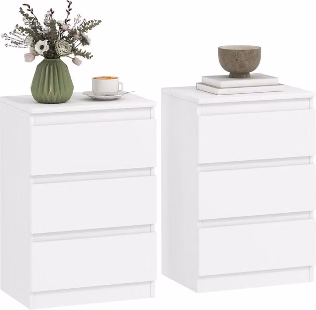 Set di 2 comodini minimal con 3 cassetti, finitura legno bianco opaco, L/P/H: 40 x 40 x 50 cm
