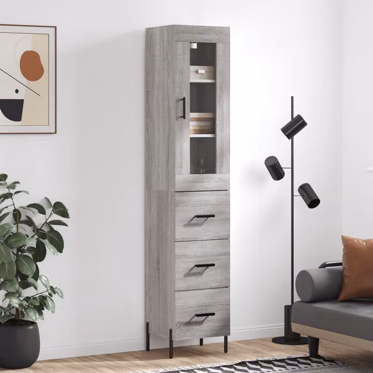 Credenza moderna vidaXL in legno e metallo con ante in vetro, Grigio, L: 34,5 cm, P: 34 cm, H: 180 cm