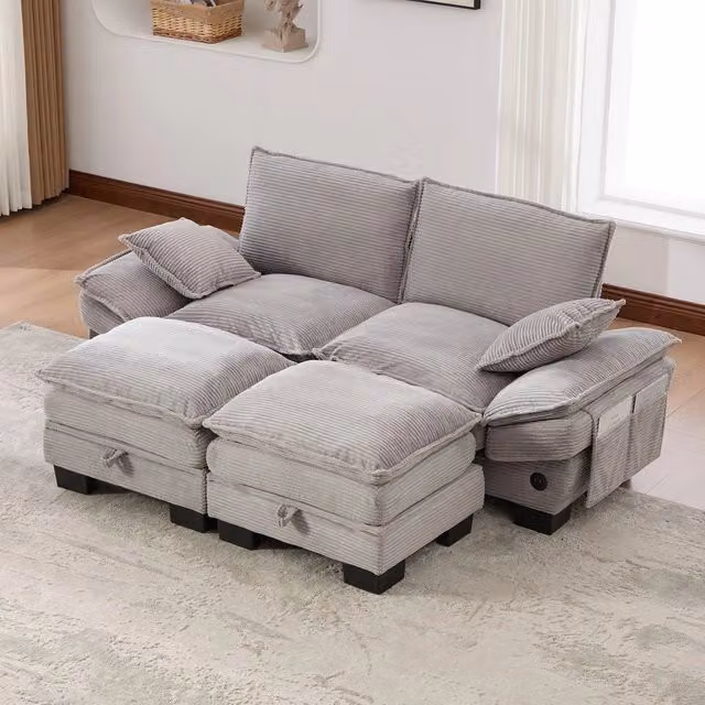 Divano modulare 2 posti con pouf - Zephmum- Ampia seduta, design ergonomico, imbottitura in schiuma ad alta densit¨¤, porta USB-C e tasche laterali