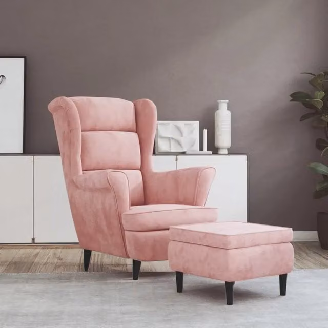 Poltrona | Sedia Relax con Schienale ad Ala con Poggiapiedi Rosa in Velluto