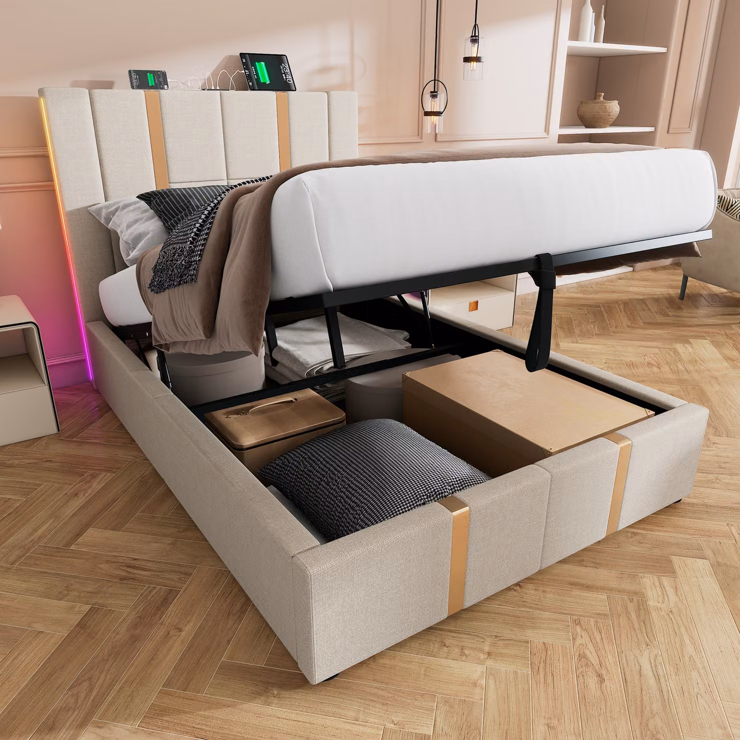 Letto imbottito Sweiko Funzione di ricarica USB Type C APP-Control LED Letto singolo 90×200 Letto contenitore Struttura del letto, rete a doghe in legno, materiale lino beige (con materasso)