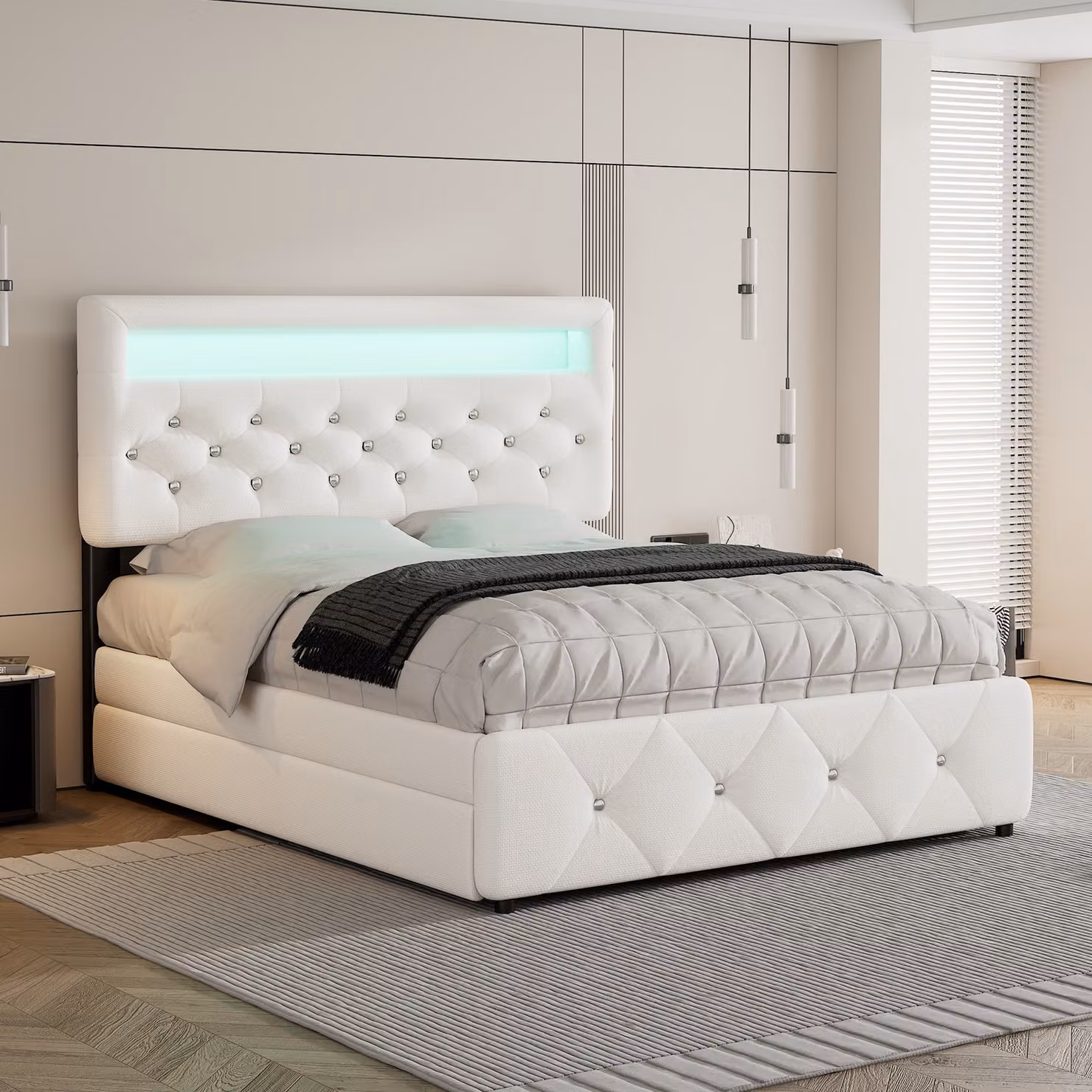 MODFU Letto imbottito Funzionale 140x200 cm con letto estraibile 90x190cm, letto matrimoniale Letto contenitore con illuminazione LED e 2 cassetti, tessuto di lino Beige (con materasso)