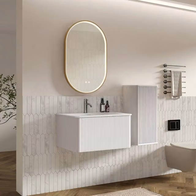 Set mobile bagno sospeso con lavabo, colonna laterale e specchio LED