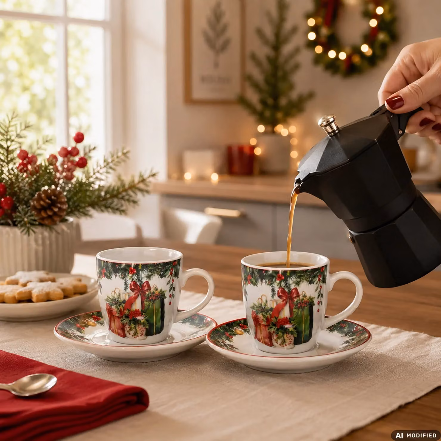 Set 2 Tazzine da Caffè Natalizie con Piattino in Porcellana Multicolore Vestiamo Casa 8 cl – 1