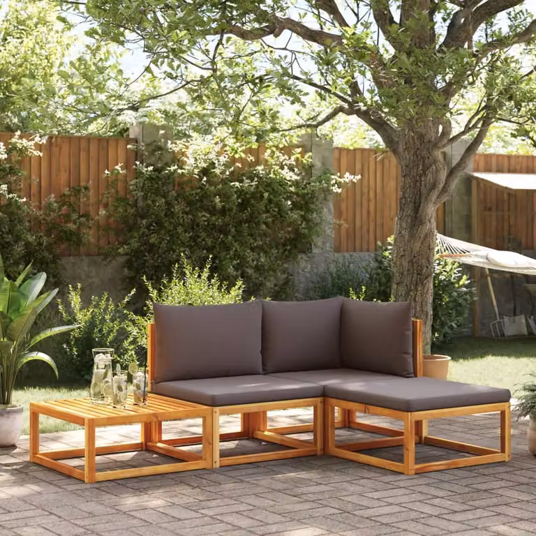 Set di divani da giardino vidaXL in legno di acacia con cuscini e tavolino da esterno, 4 pezzi, marrone e grigio