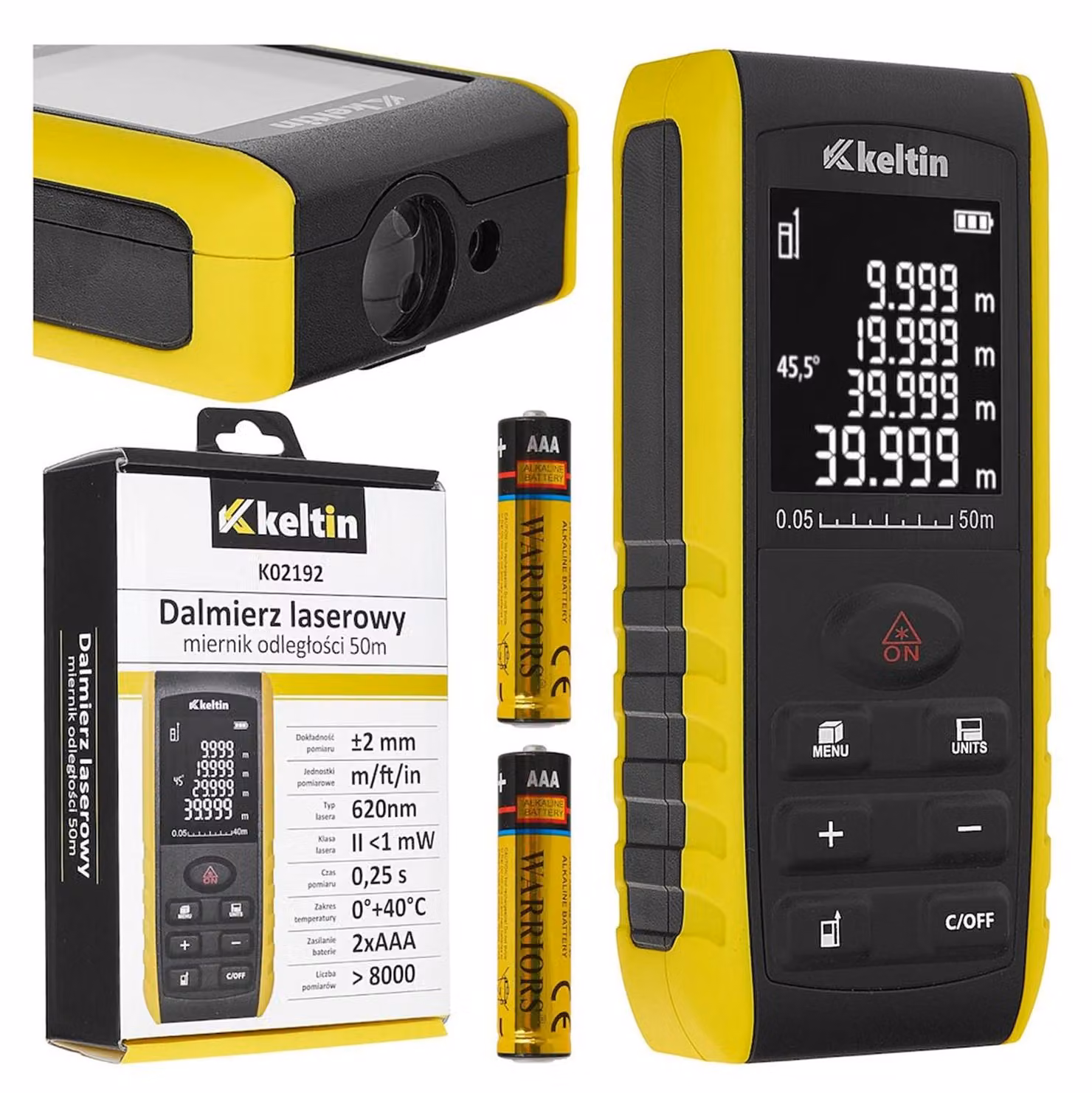 Misuratore distanza laser 2 in 1, distanziometro, misura lunghezza, volume, area, altezza, 50 m, con sensore angolare, multi-unità/modalità