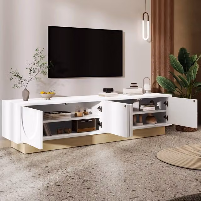 Mobile TV bianco con 4 ante push to open; ripiani interni; base effetto legno in MDF 175 × 40 × 41;5 cm
