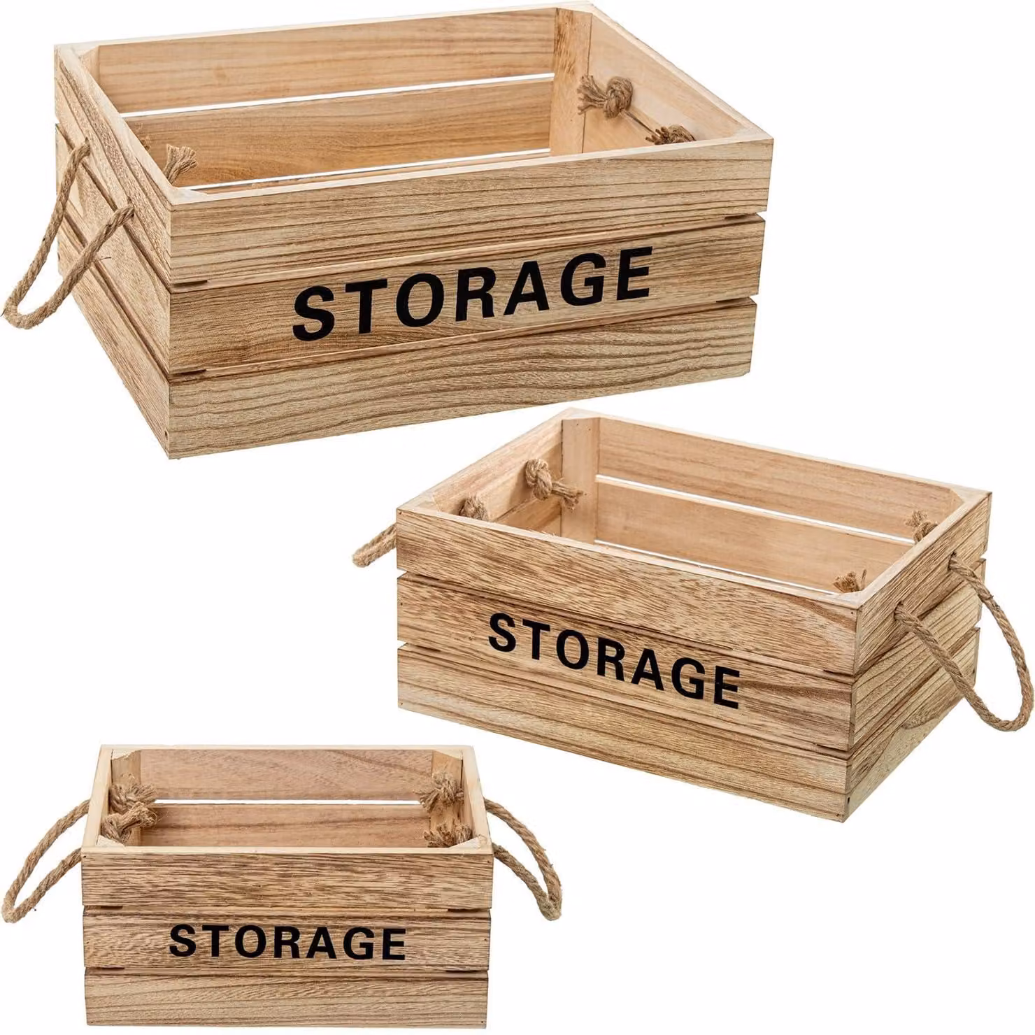 Set di 3 scatole portaoggetti in legno naturale, dimensioni 35x25x15 cm