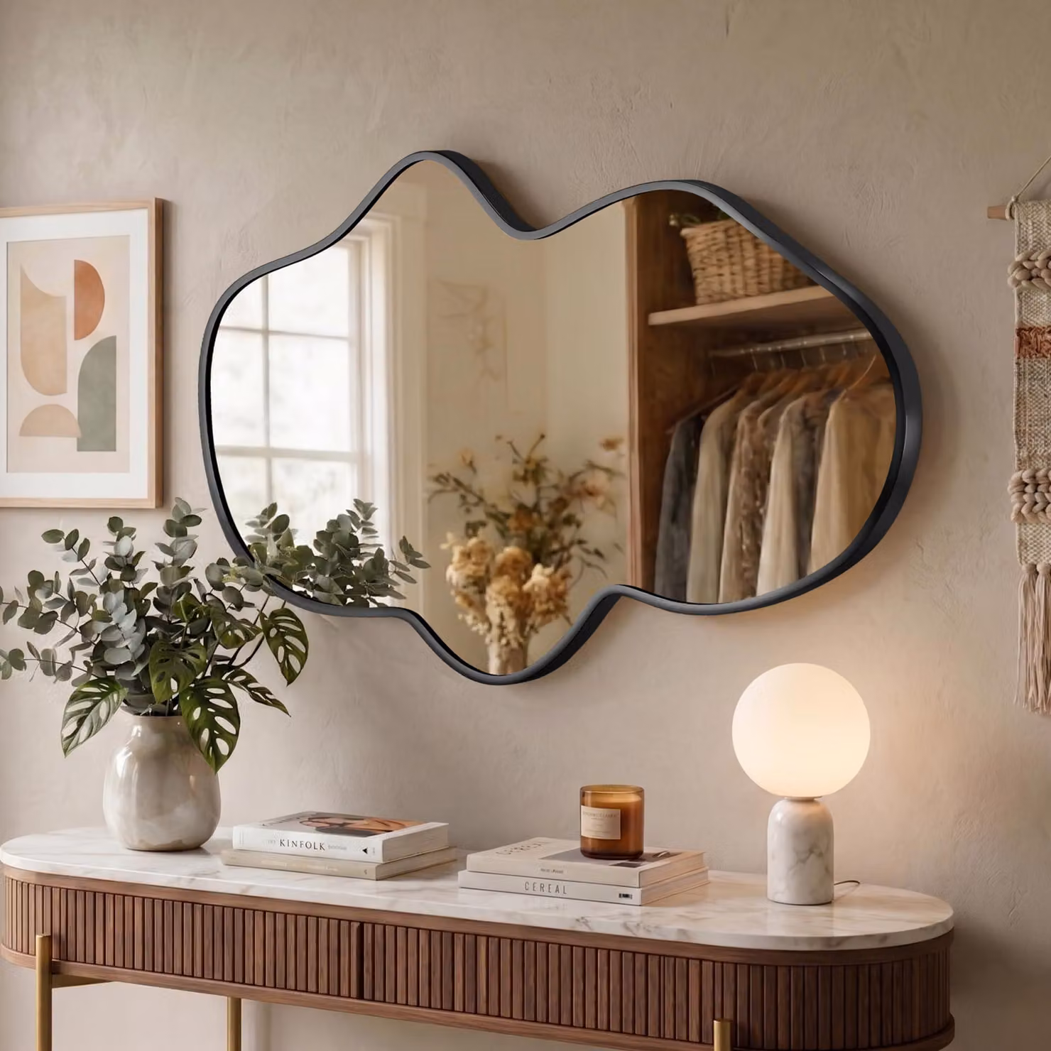 Specchio da parete a forma di onda, 90x55 cm, con cornice in metallo nera