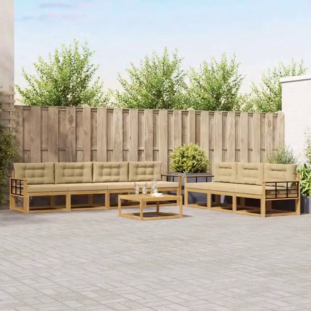 Set di divani da esterno a forma di U con tavolo da caffè vidaXL, 7 pezzi, in legno di acacia trattato, colore bianco e beige