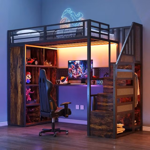 Letto a Soppalco con Scrivania, Armadio e LED ¨C MINIMAL ¨C 90x200, Metallo, Nero