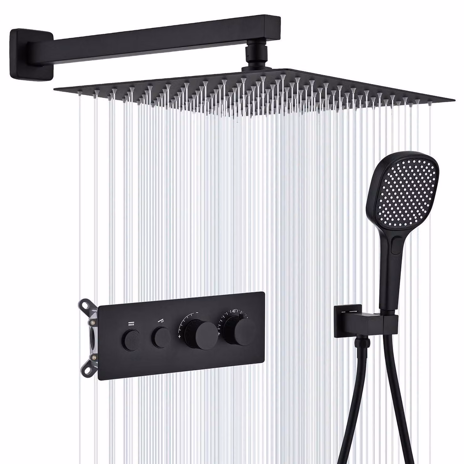 Sistema doccia termostatico da incasso, con soffione quadrato 30x30 cm e doccetta manuale con 3 getti