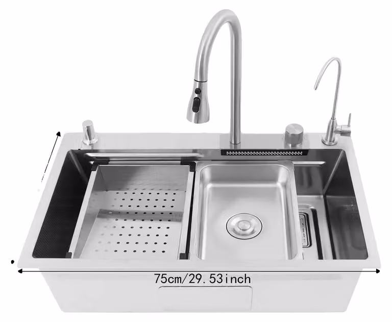 Lavello da cucina, acciaio inossidabile 304, rubinetto estraibile, argento
