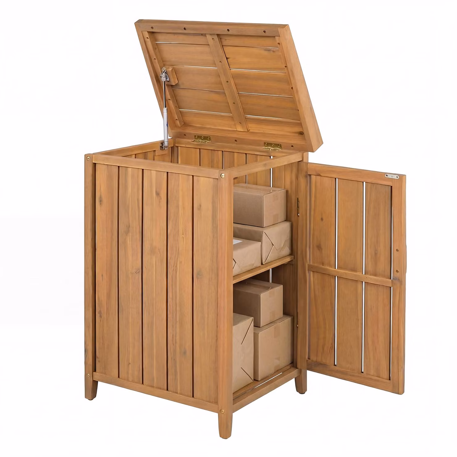 COSTWAY Cassetta per pacchi in legno, con coperchio a molla, sportello laterale e ripiano estraibile, cassetta da giardino per riporre oggetti 56,5x45x86 cm